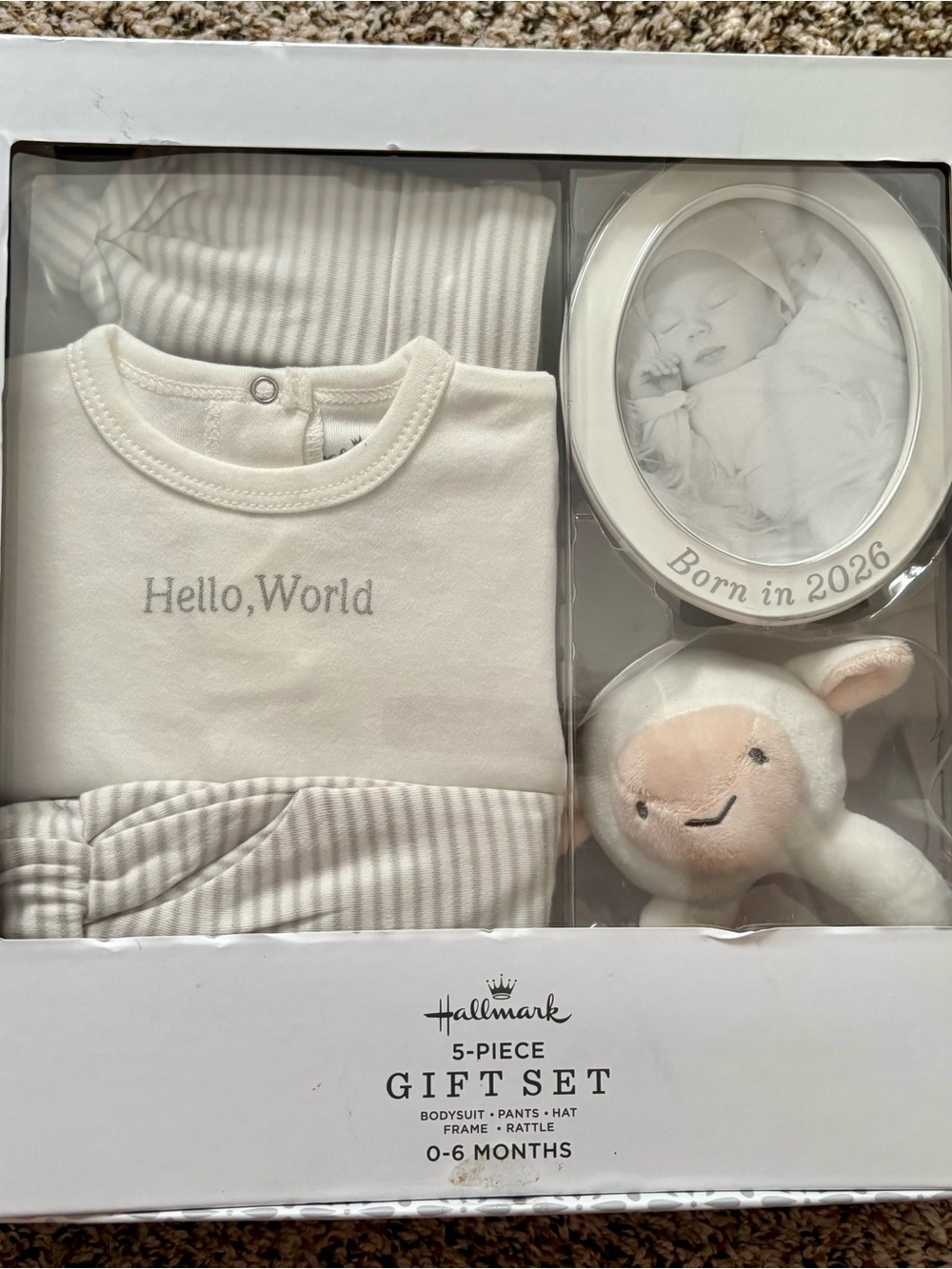 Hallmark White & Gray Baby Pajama Gift Set with Ceramic Frame and Plush Rattle